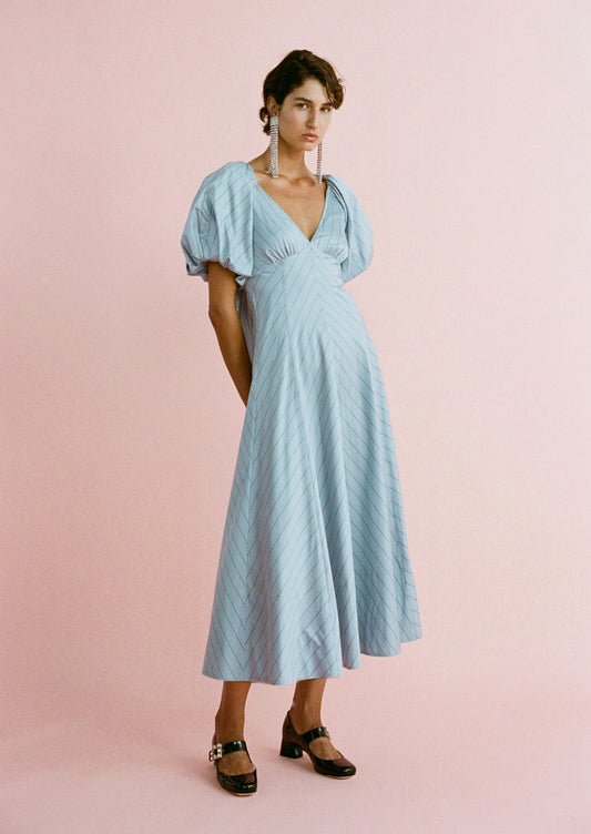 Tess Dress Silk - Linen - Blueberry Stripe