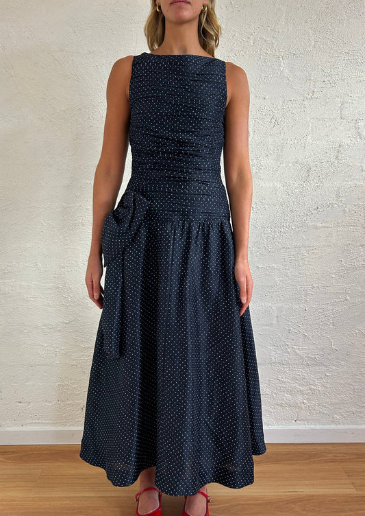 Ophelia Dress - Silk/Linen - Royal Dot