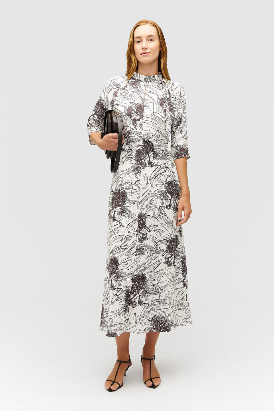SCRIBBLE TREE TIE NECK DRESS