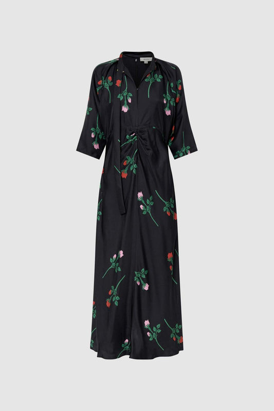 ROSEBUD TIE NECK DRESS - BLACK