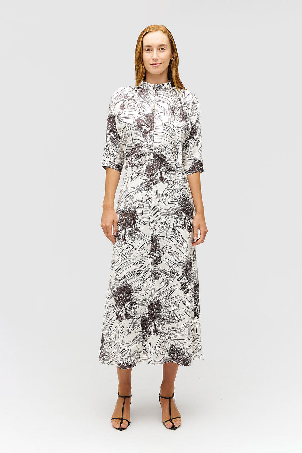 SCRIBBLE TREE TIE NECK DRESS