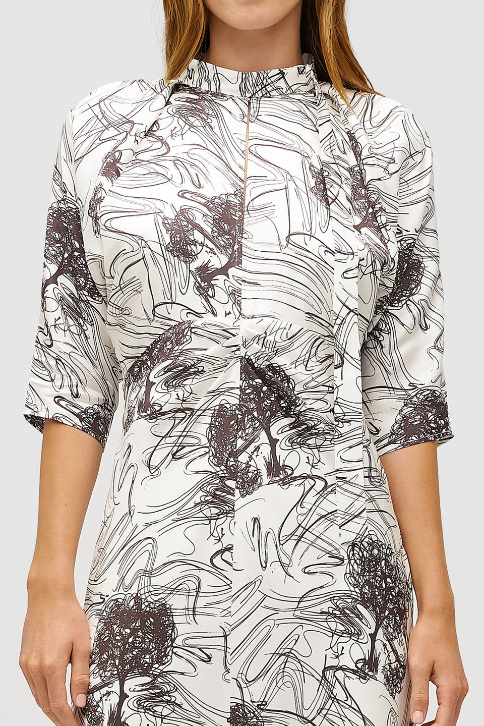 SCRIBBLE TREE TIE NECK DRESS