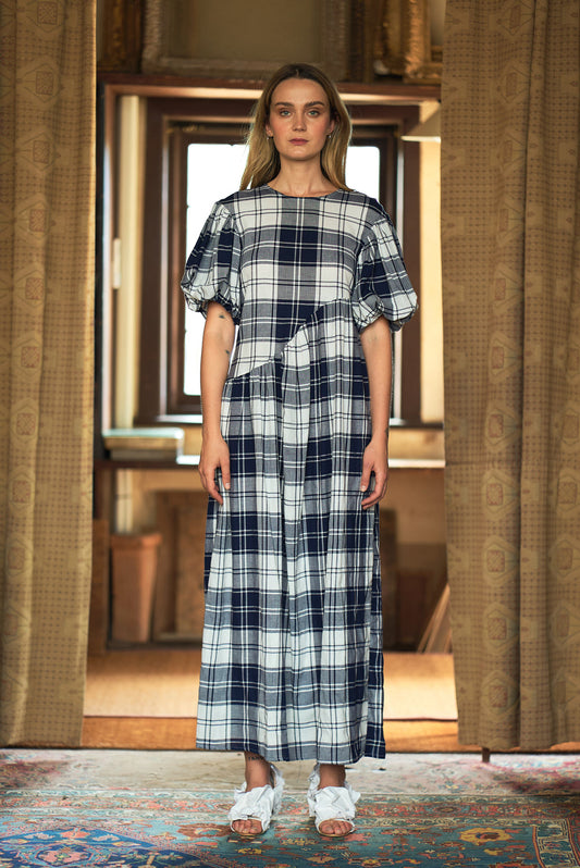 AUTARK - BALLOON SLEEVE COTTON DRESS - CHECK
