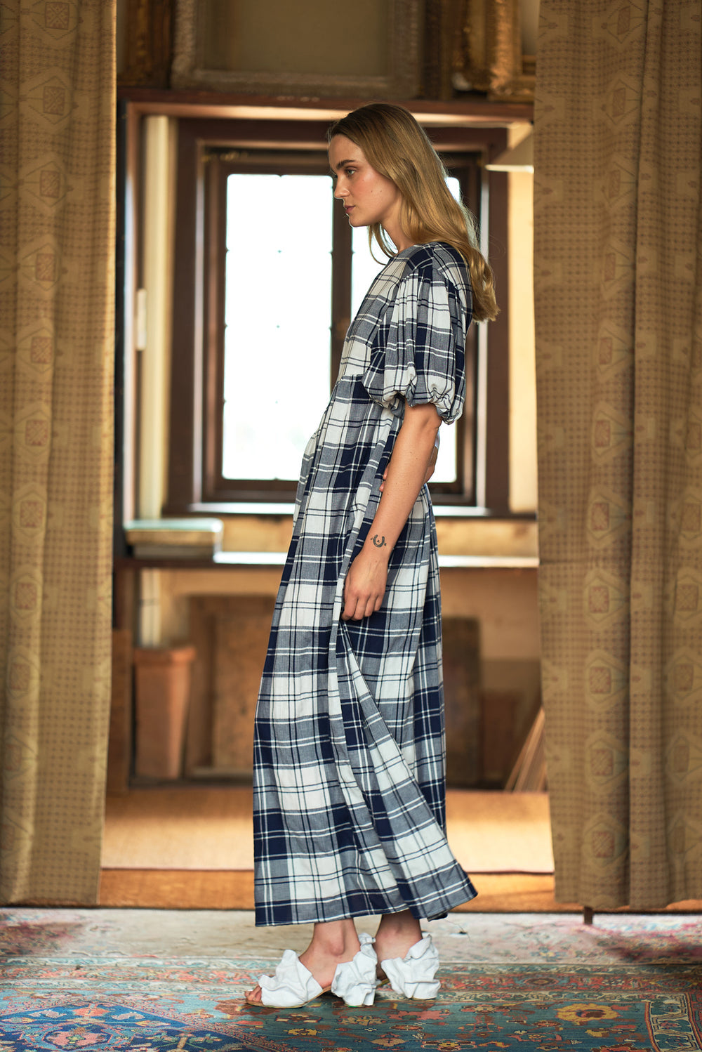 AUTARK - BALLOON SLEEVE COTTON DRESS - CHECK
