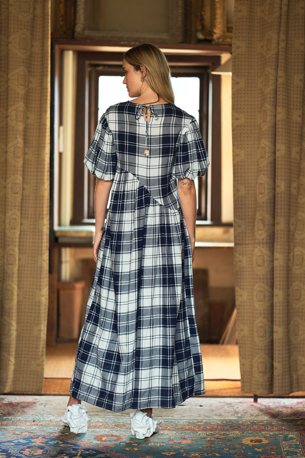 AUTARK - BALLOON SLEEVE COTTON DRESS - CHECK