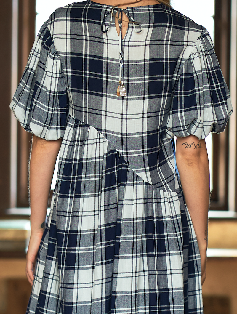 AUTARK - BALLOON SLEEVE COTTON DRESS - CHECK