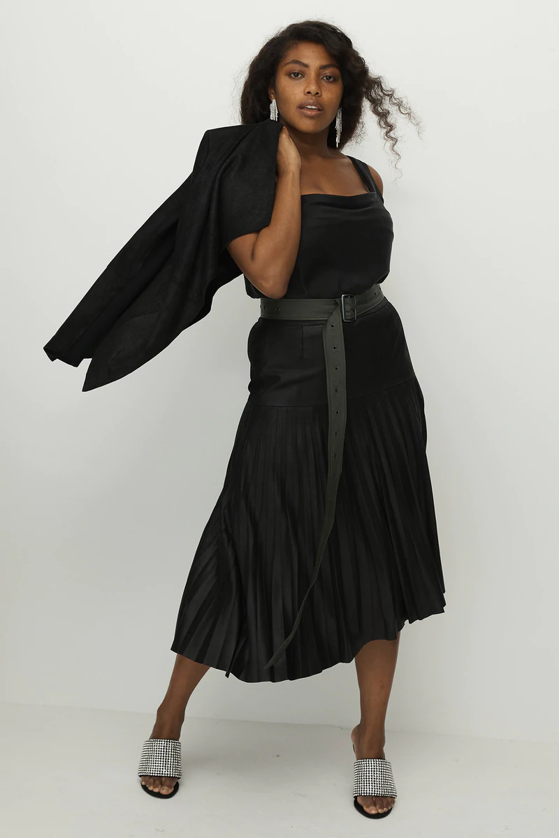 WEST 14TH - PARK AVENUE PLEATED SKIRT LEATHER - BLACK