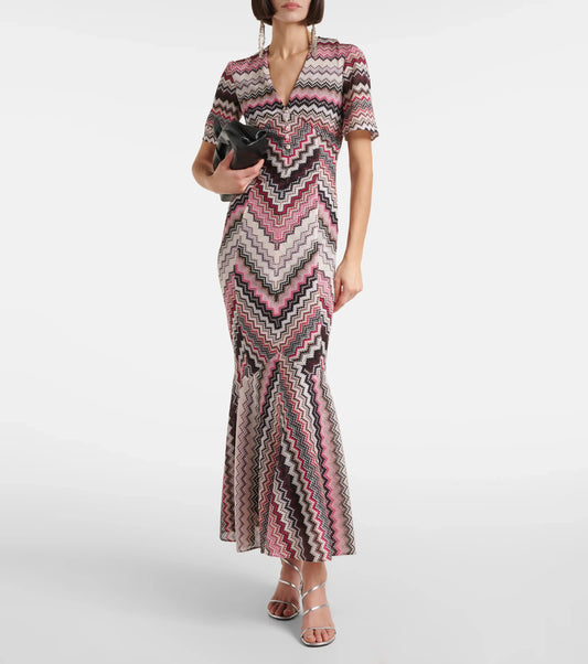 Chevron Short Sleeve V-neck Dress
