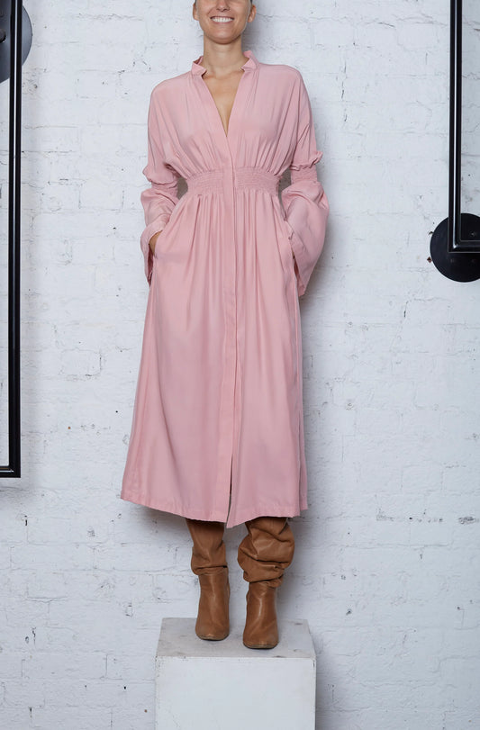 SHIRRED SHIRT DRESS - PINK